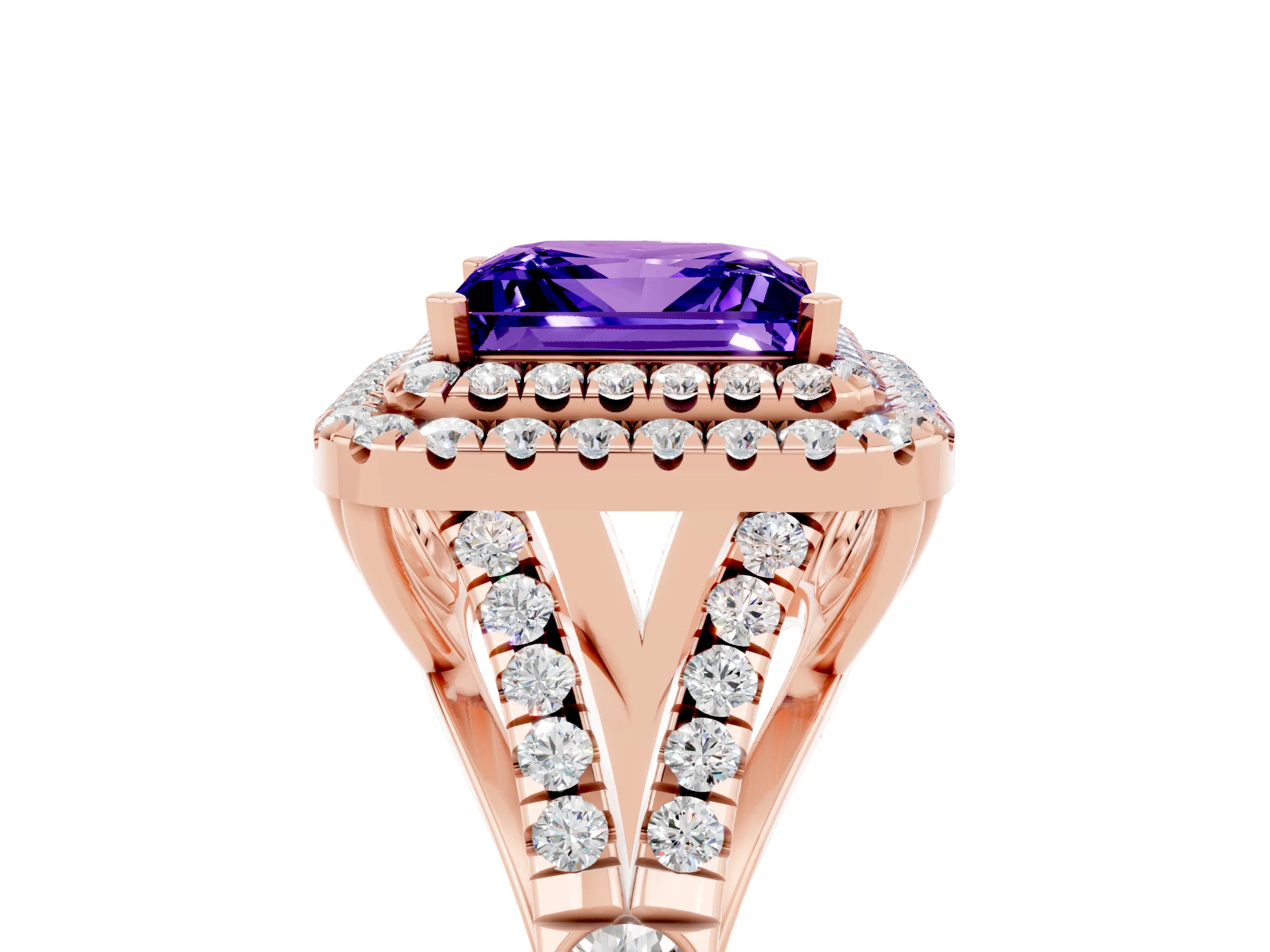 Rose gold Princess Cut Tanzanite Double Halo Ring with Split Shank and Prong Setting_17