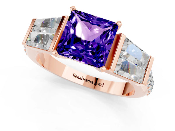 Rose gold Princess Cut Tanzanite Engagement Ring with Baguette Side Stones and Channel Set Band