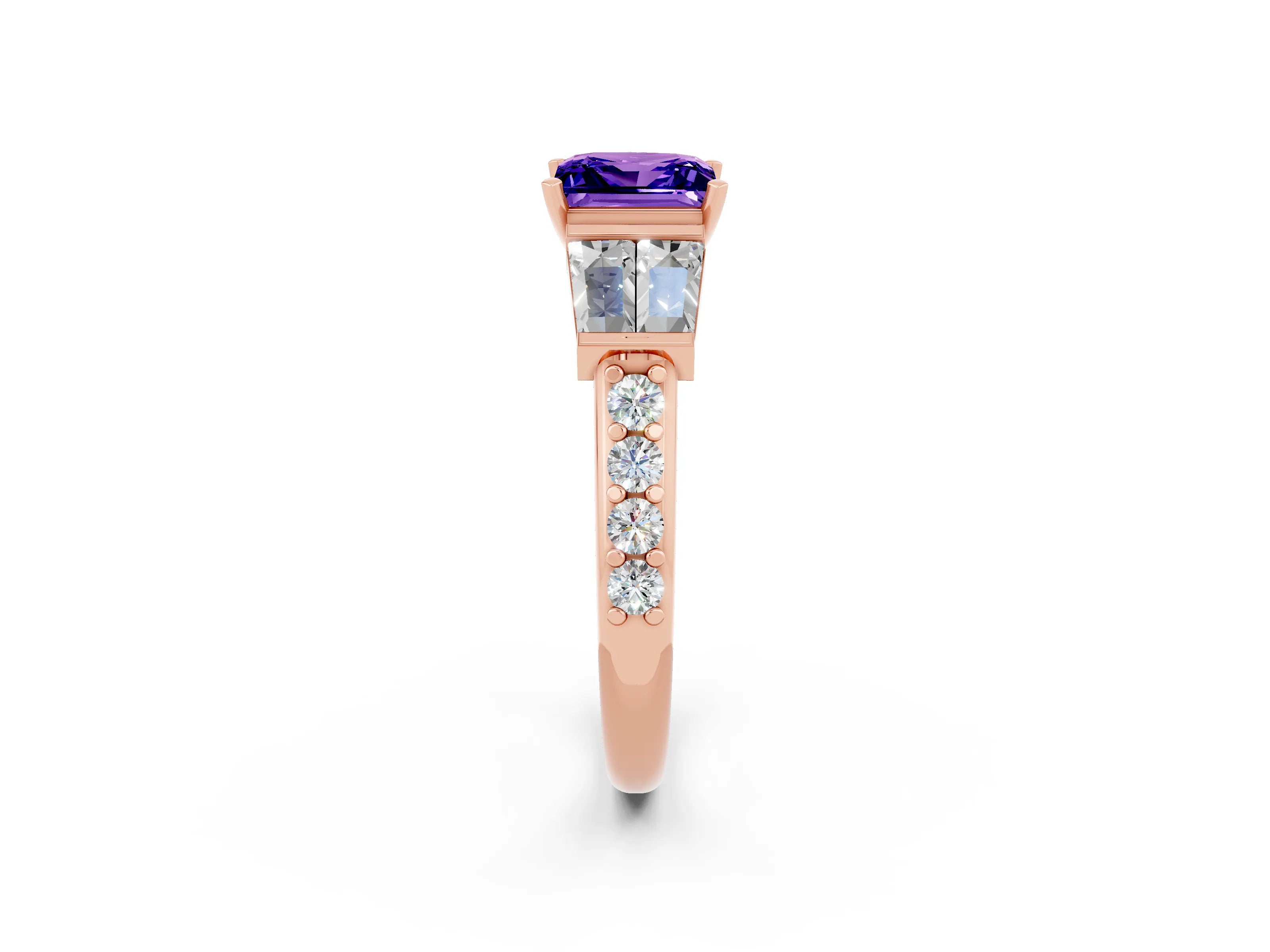 Rose gold Princess Cut Tanzanite Engagement Ring with Baguette Side Stones and Channel Set Band_2