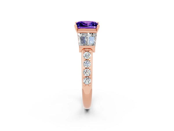 Rose gold Princess Cut Tanzanite Engagement Ring with Baguette Side Stones and Channel Set Band
