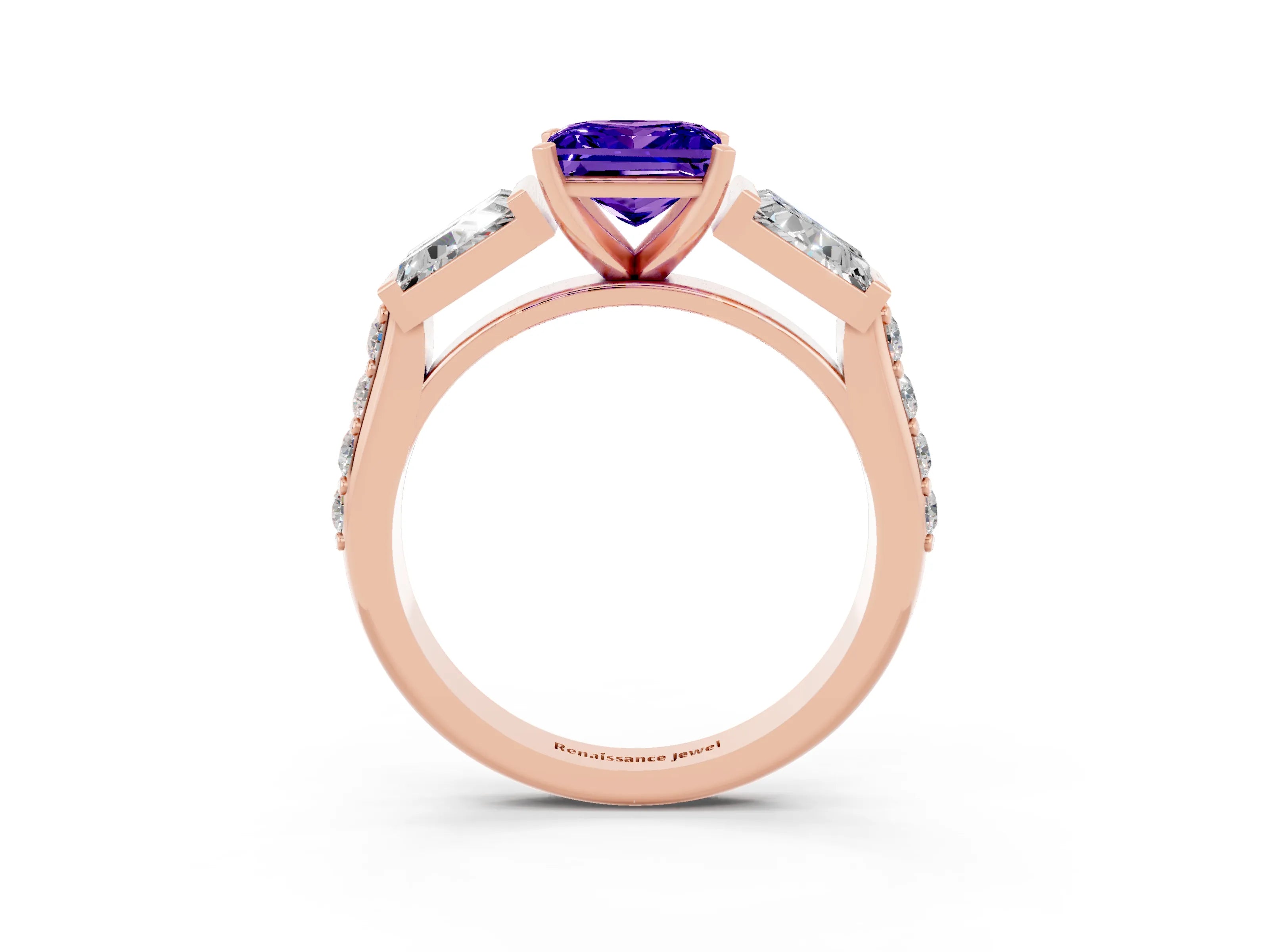 Rose gold Princess Cut Tanzanite Engagement Ring with Baguette Side Stones and Channel Set Band_3