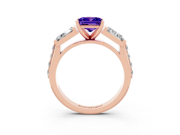 Rose gold Princess Cut Tanzanite Engagement Ring with Baguette Side Stones and Channel Set Band