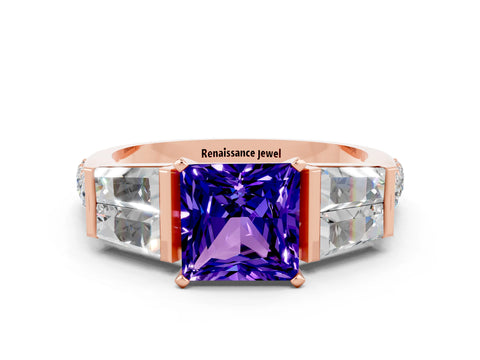 Rose gold Princess Cut Tanzanite Engagement Ring with Baguette Side Stones and Channel Set Band