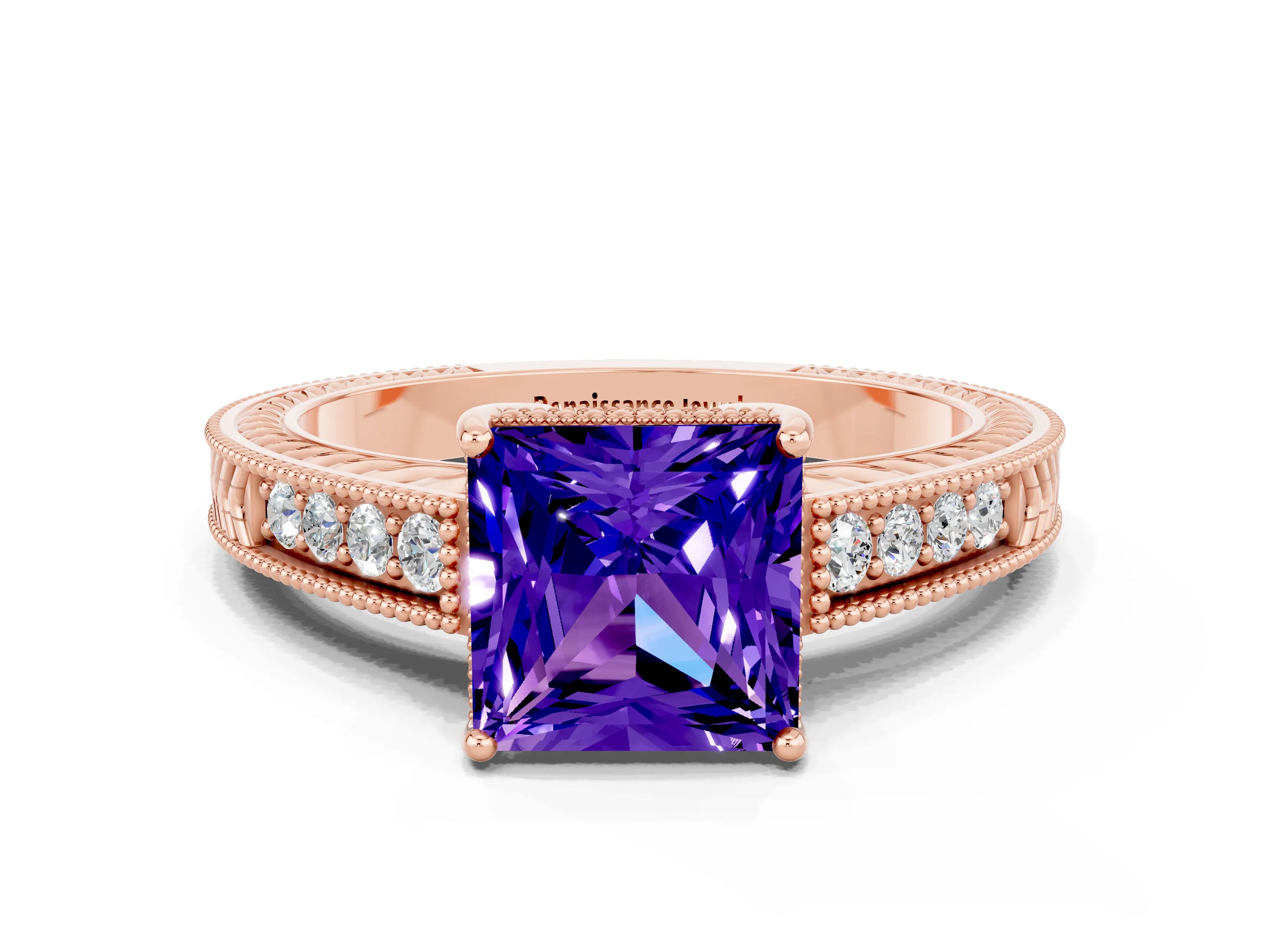 Rose gold Princess Cut Tanzanite Engagement Ring with Milgrain Channel Set Band and Prong Setting