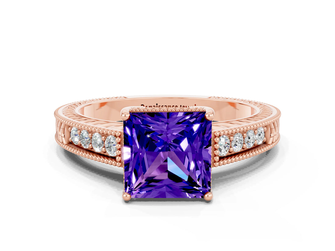 Rose gold Princess Cut Tanzanite Engagement Ring with Milgrain Channel Set Band and Prong Setting