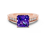 Rose gold Princess Cut Tanzanite Engagement Ring with Milgrain Channel Set Band and Prong Setting