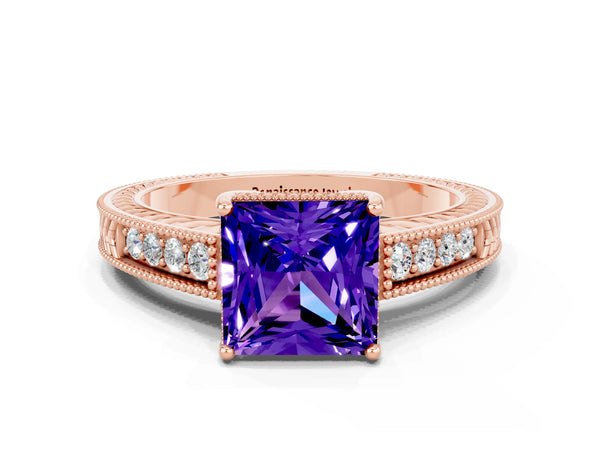 Rose gold Princess Cut Tanzanite Engagement Ring with Milgrain Channel Set Band and Prong Setting