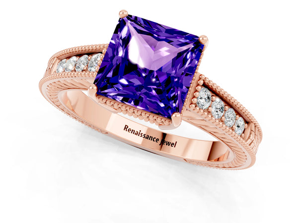 Rose gold Princess Cut Tanzanite Engagement Ring with Milgrain Channel Set Band and Prong Setting