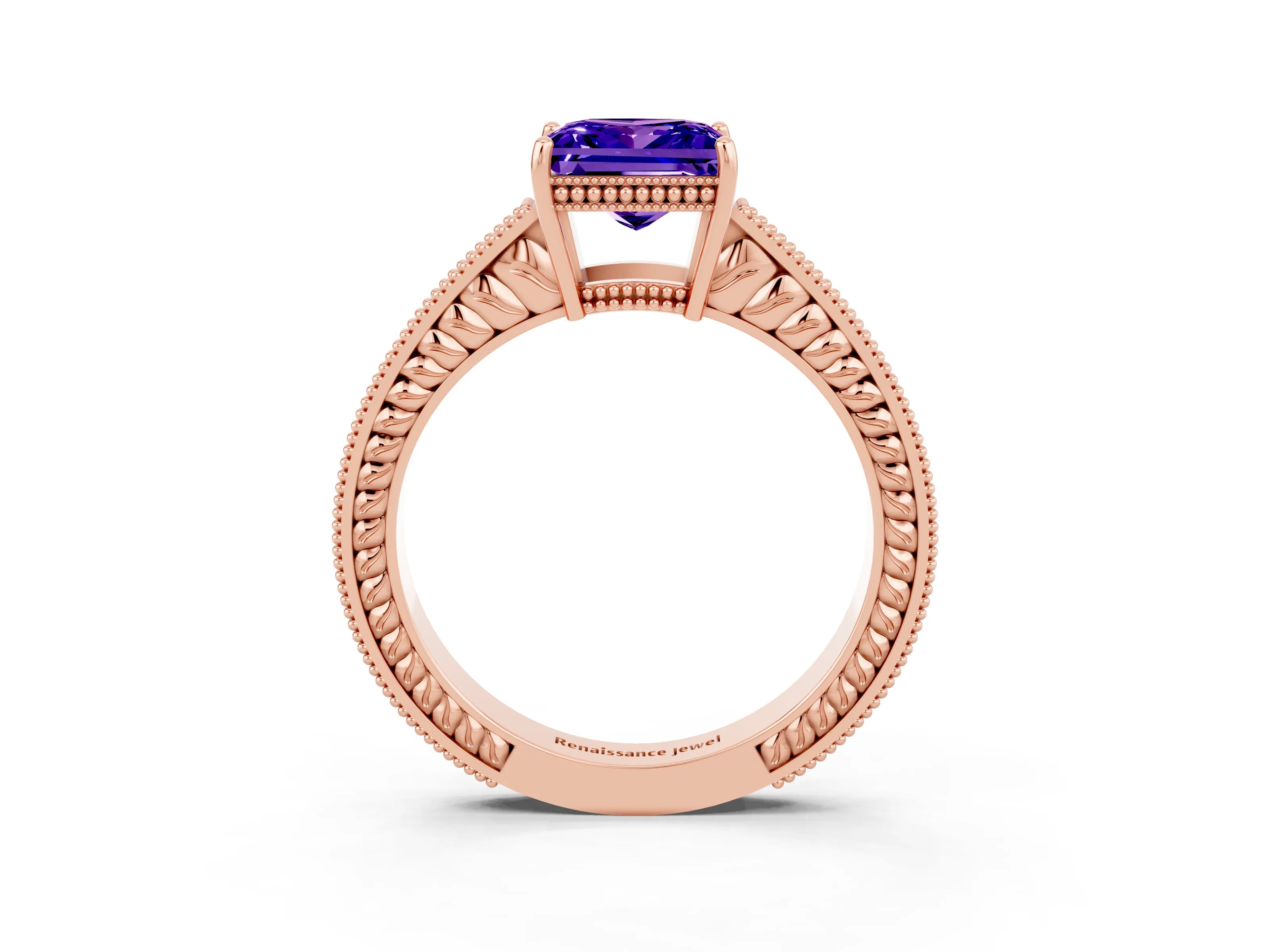 Rose gold Princess Cut Tanzanite Engagement Ring with Milgrain Channel Set Band and Prong Setting_3