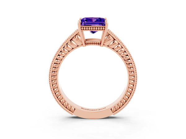 Rose gold Princess Cut Tanzanite Engagement Ring with Milgrain Channel Set Band and Prong Setting
