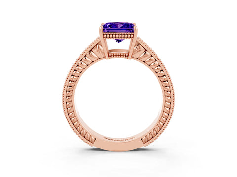 Rose gold Princess Cut Tanzanite Engagement Ring with Milgrain Channel Set Band and Prong Setting_3