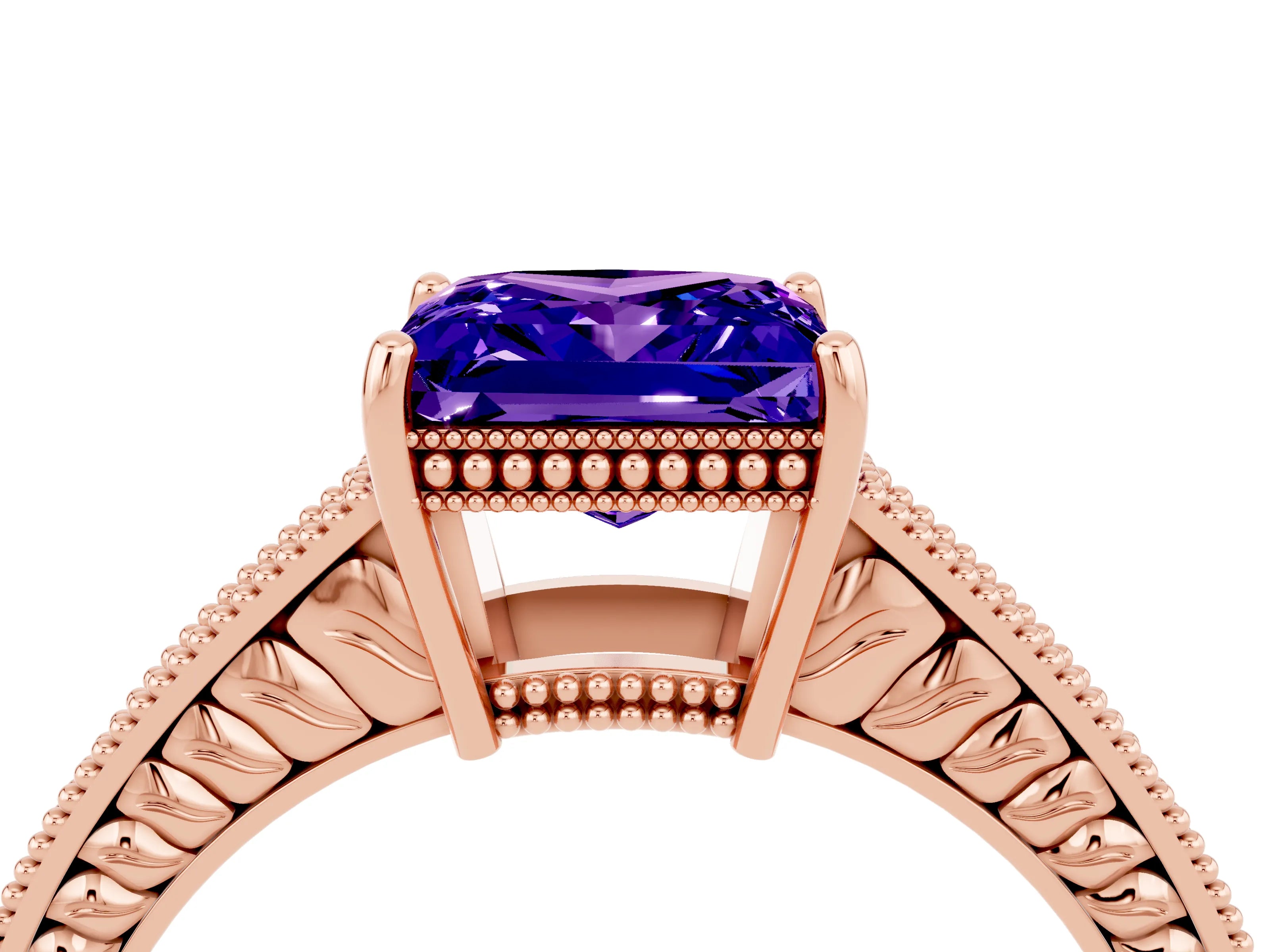 Rose gold Princess Cut Tanzanite Engagement Ring with Milgrain Channel Set Band and Prong Setting_4