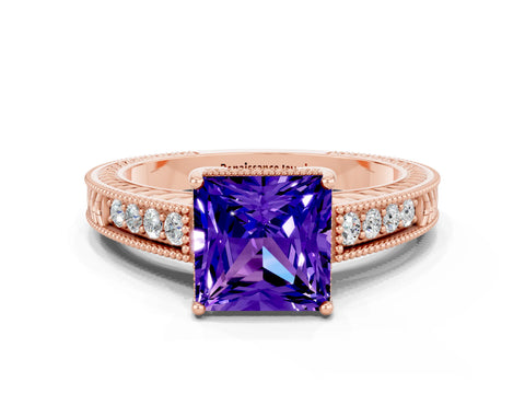 Rose gold Princess Cut Tanzanite Engagement Ring with Milgrain Channel Set Band and Prong Setting