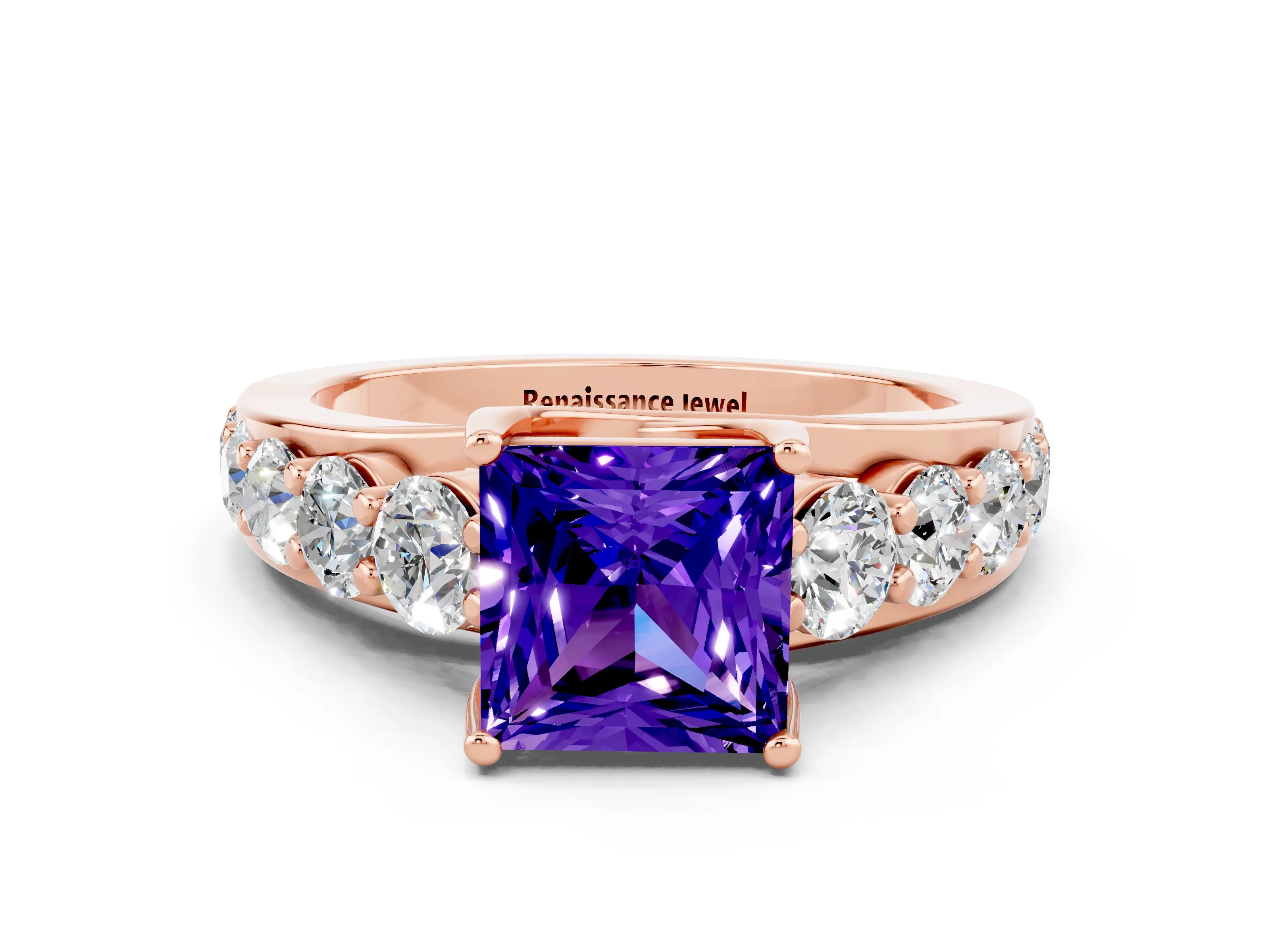 Rose gold Princess Cut Tanzanite Engagement Ring with Pavé Band and Four-Prong Setting