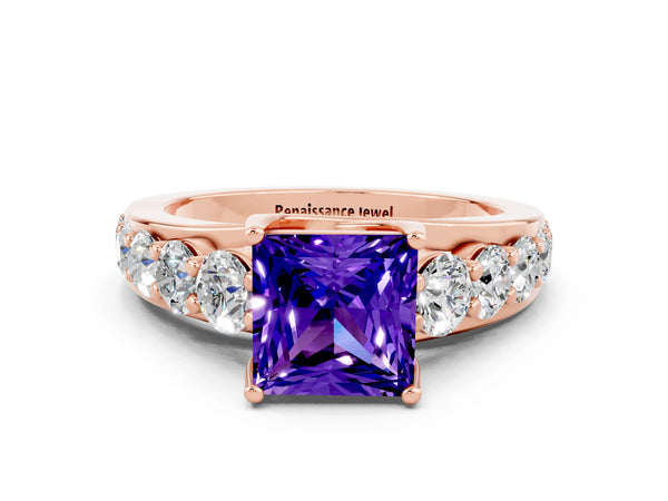 Rose gold Princess Cut Tanzanite Engagement Ring with Pavé Band and Four-Prong Setting