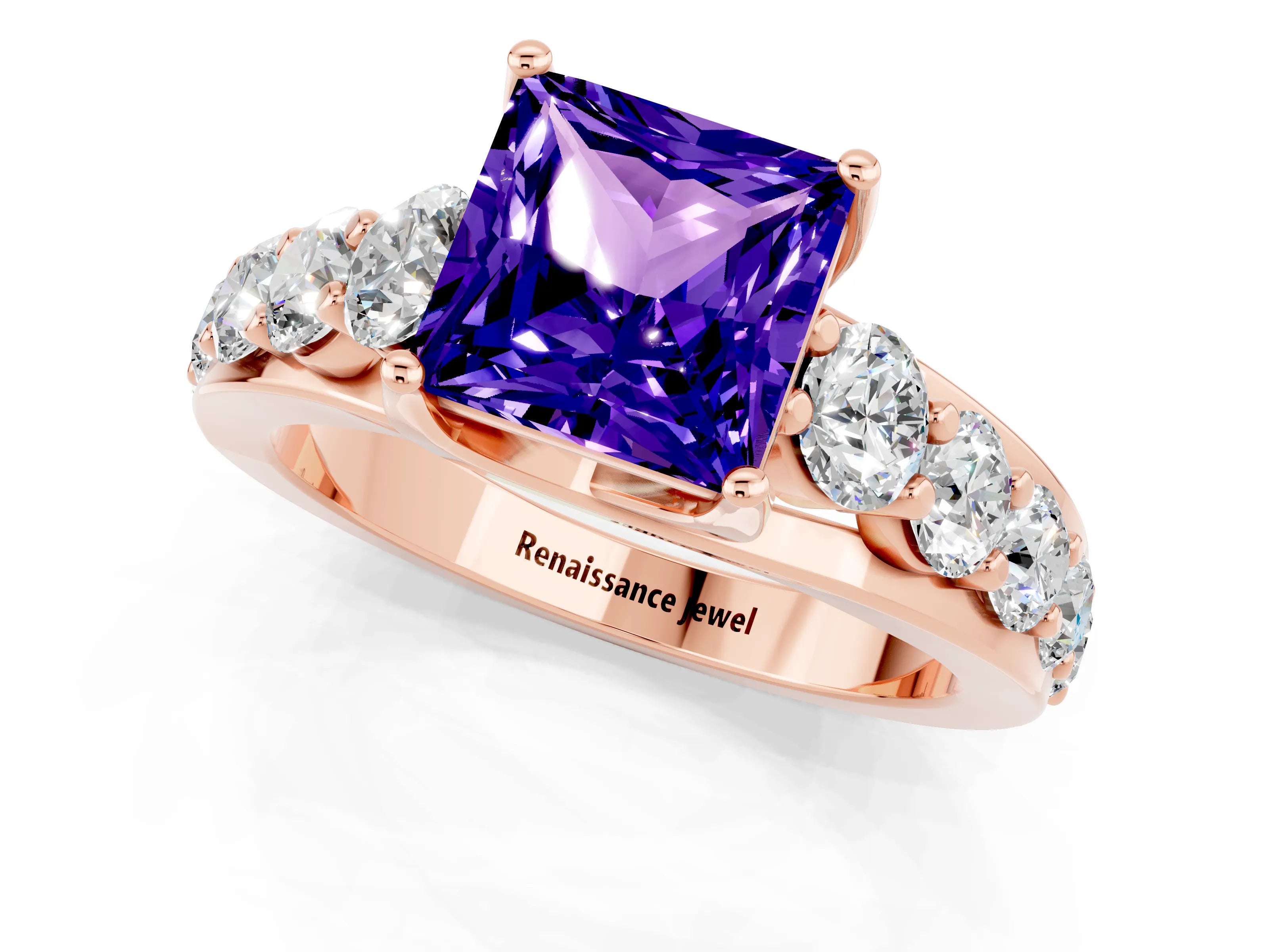 Rose gold Princess Cut Tanzanite Engagement Ring with Pavé Band and Four-Prong Setting_1