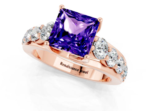 Rose gold Princess Cut Tanzanite Engagement Ring with Pavé Band and Four-Prong Setting_1
