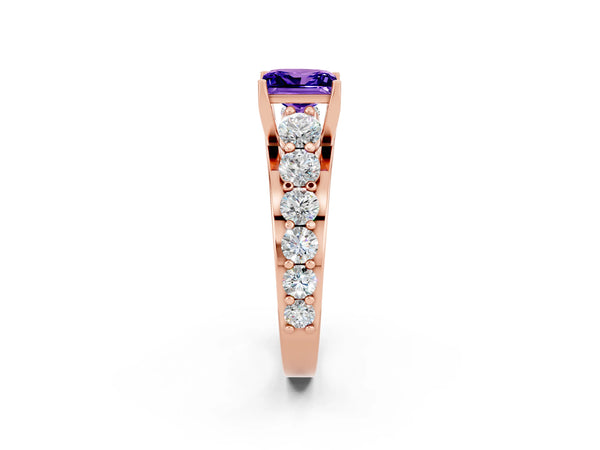 Rose gold Princess Cut Tanzanite Engagement Ring with Pavé Band and Four-Prong Setting