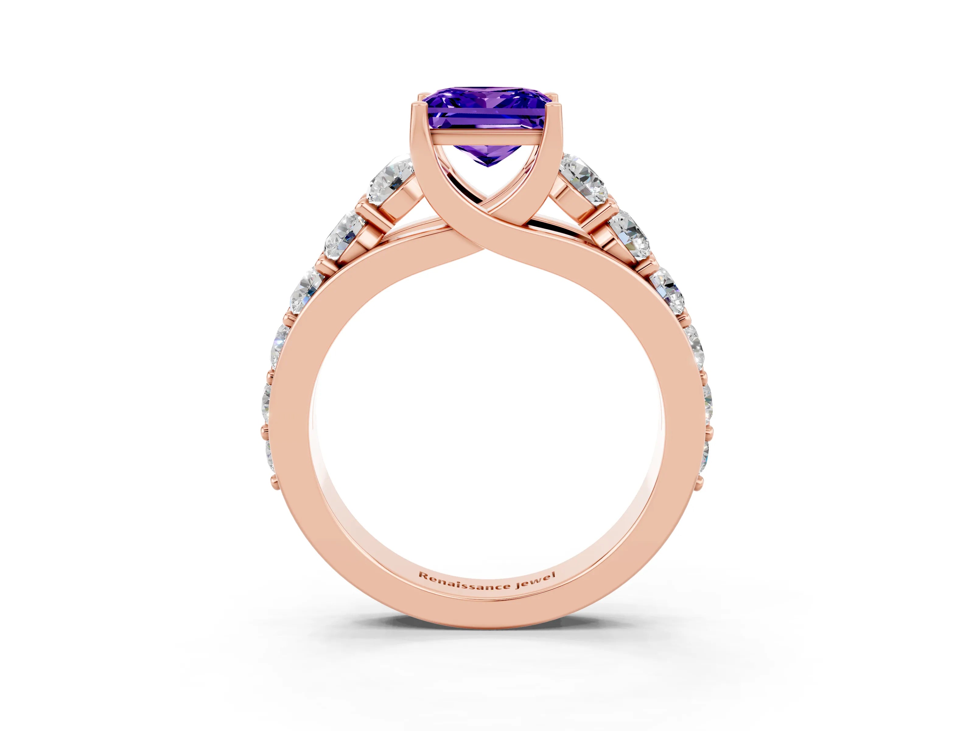 Rose gold Princess Cut Tanzanite Engagement Ring with Pavé Band and Four-Prong Setting_3