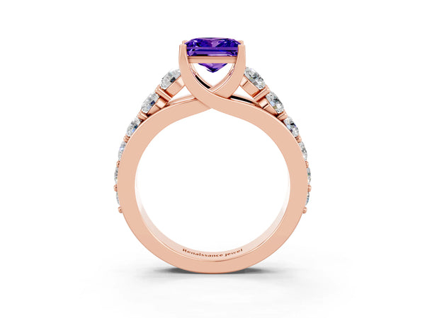 Rose gold Princess Cut Tanzanite Engagement Ring with Pavé Band and Four-Prong Setting