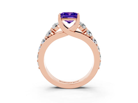 Rose gold Princess Cut Tanzanite Engagement Ring with Pavé Band and Four-Prong Setting_3