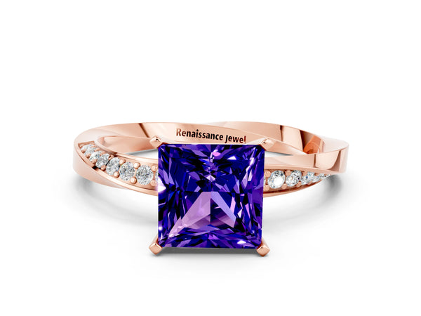Rose gold Princess Cut Tanzanite Engagement Ring with Side Stone Accents and Four-Prong Setting