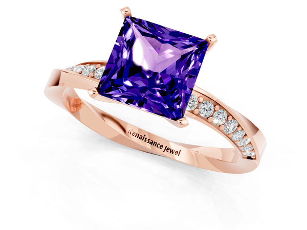 Rose gold Princess Cut Tanzanite Engagement Ring with Side Stone Accents and Four-Prong Setting