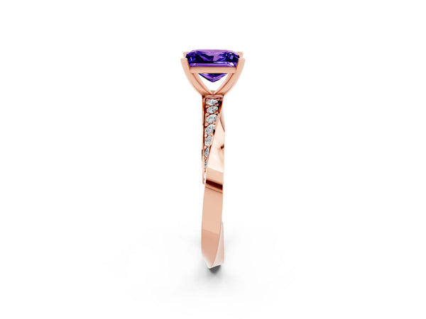 Rose gold Princess Cut Tanzanite Engagement Ring with Side Stone Accents and Four-Prong Setting