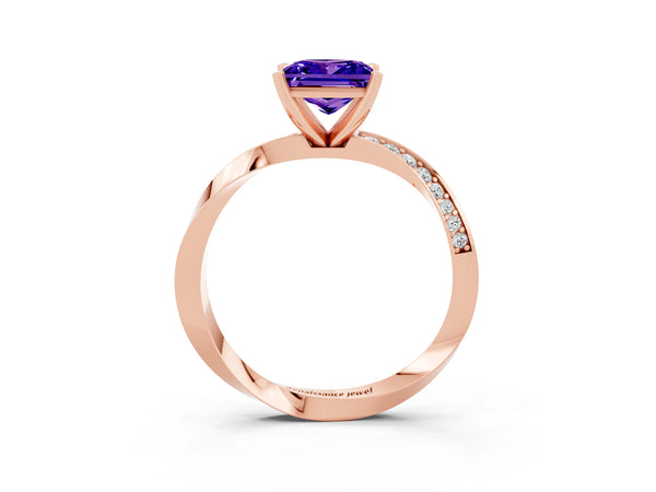 Rose gold Princess Cut Tanzanite Engagement Ring with Side Stone Accents and Four-Prong Setting