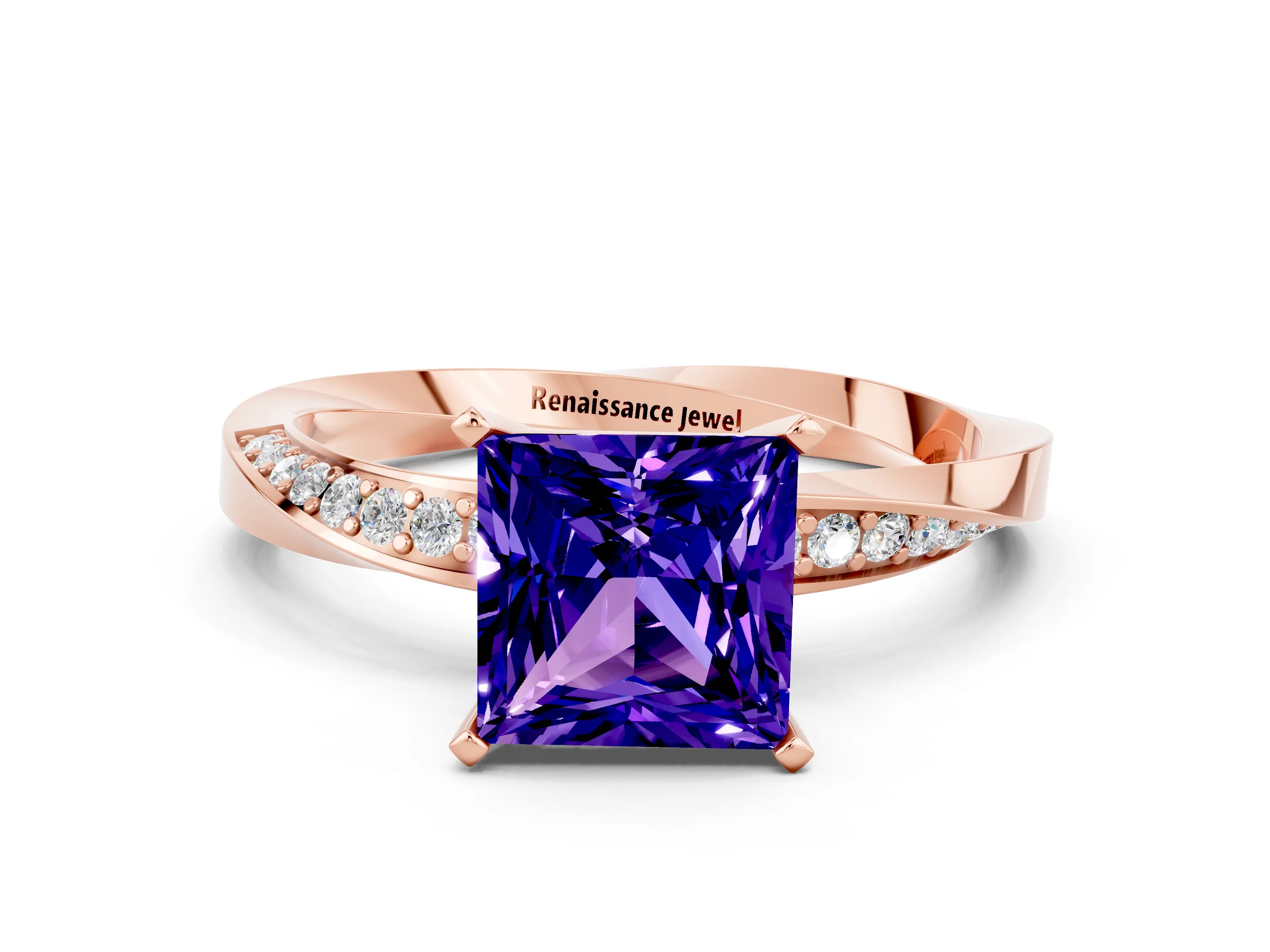 Rose gold Princess Cut Tanzanite Engagement Ring with Side Stone Accents and Four-Prong Setting_39