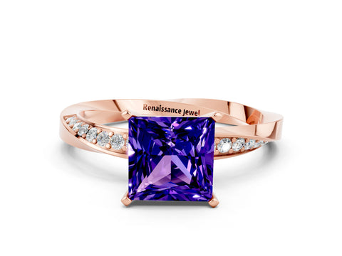Rose gold Princess Cut Tanzanite Engagement Ring with Side Stone Accents and Four-Prong Setting_39