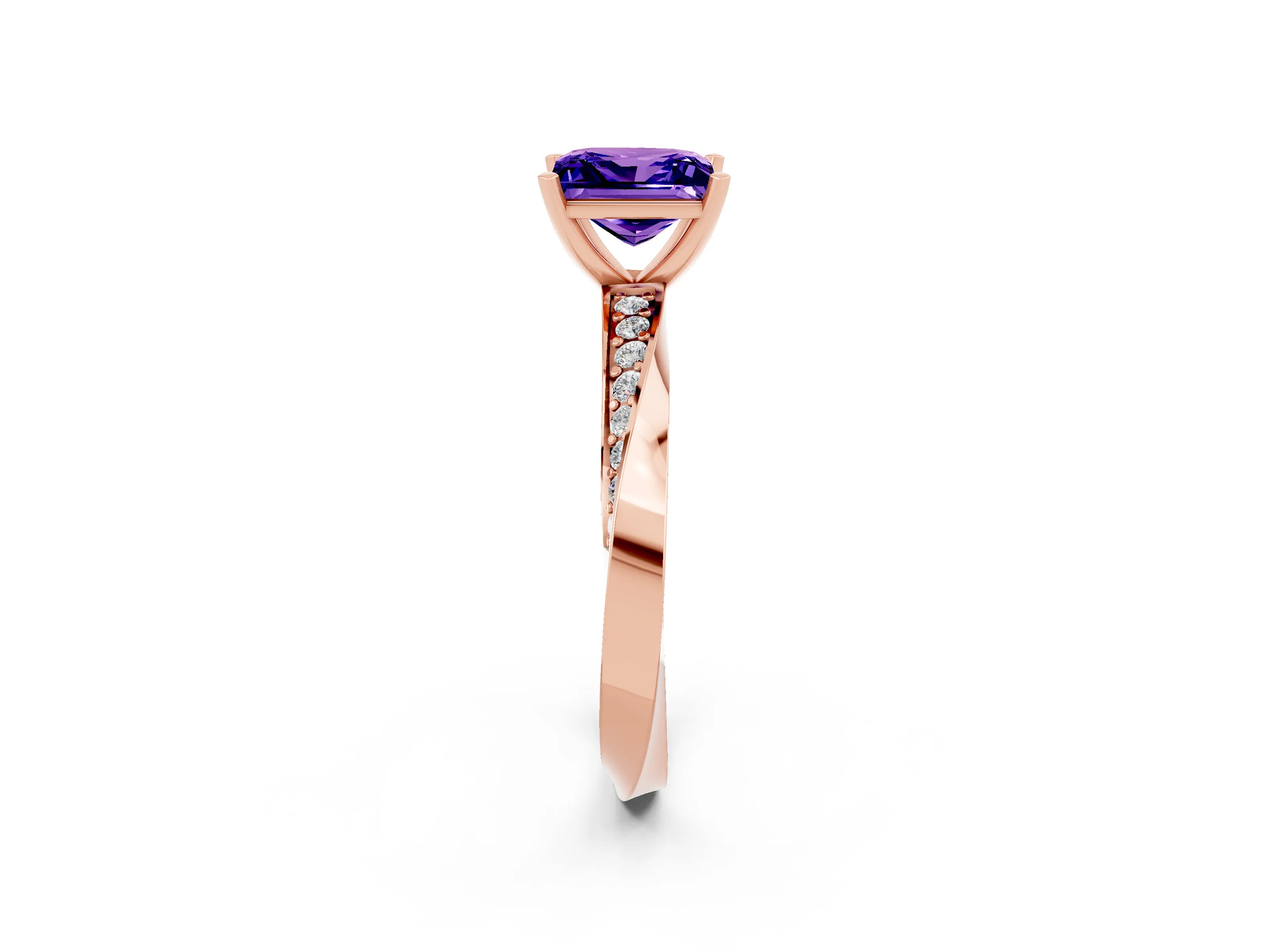 Rose gold Princess Cut Tanzanite Engagement Ring with Side Stone Accents and Four-Prong Setting_41