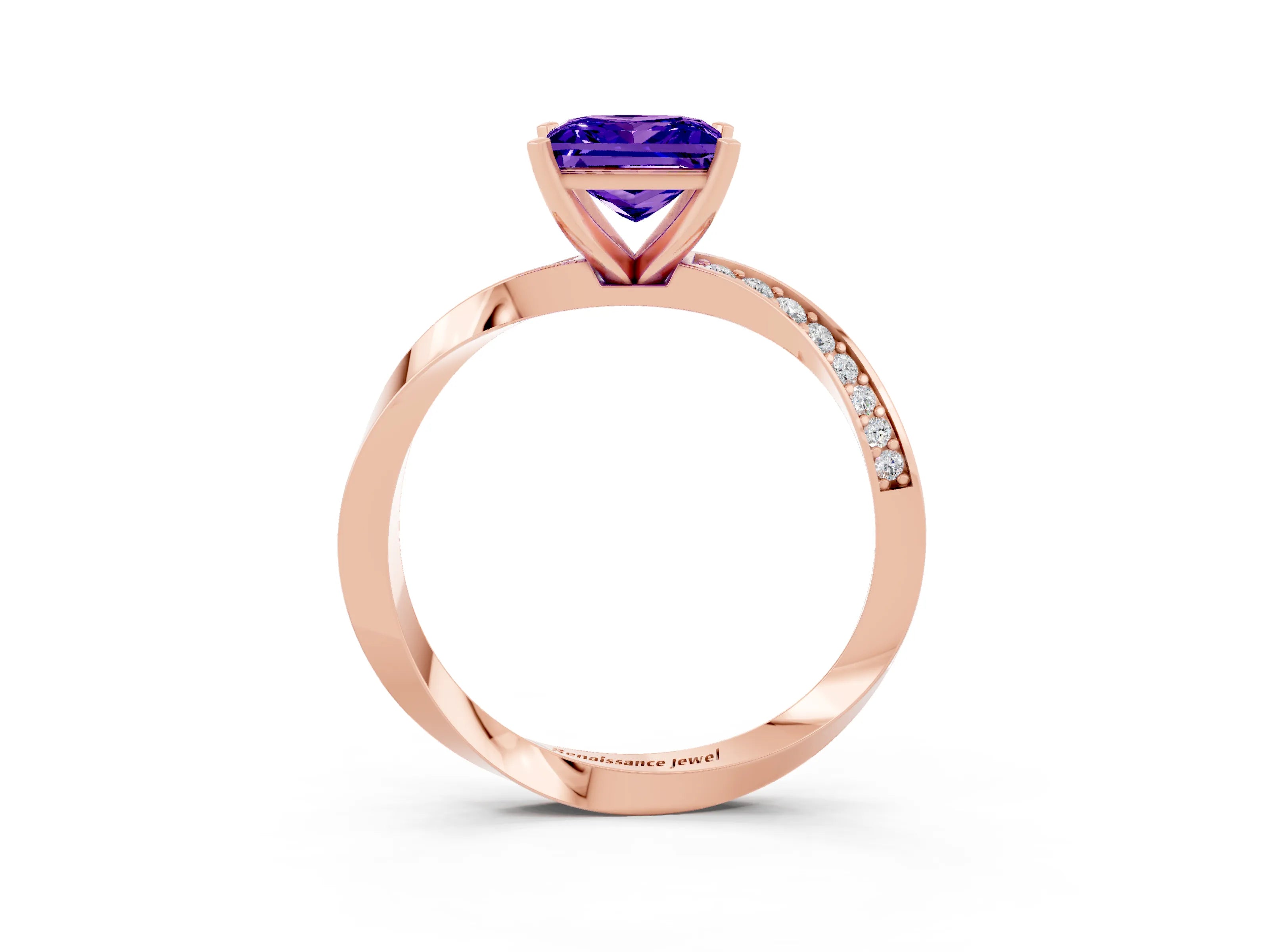 Rose gold Princess Cut Tanzanite Engagement Ring with Side Stone Accents and Four-Prong Setting_42