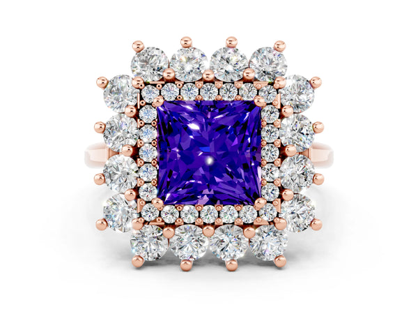 Rose gold Princess Cut Tanzanite Floral Double Halo Engagement Ring with Prong Setting