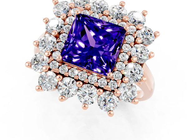 Rose gold Princess Cut Tanzanite Floral Double Halo Engagement Ring with Prong Setting