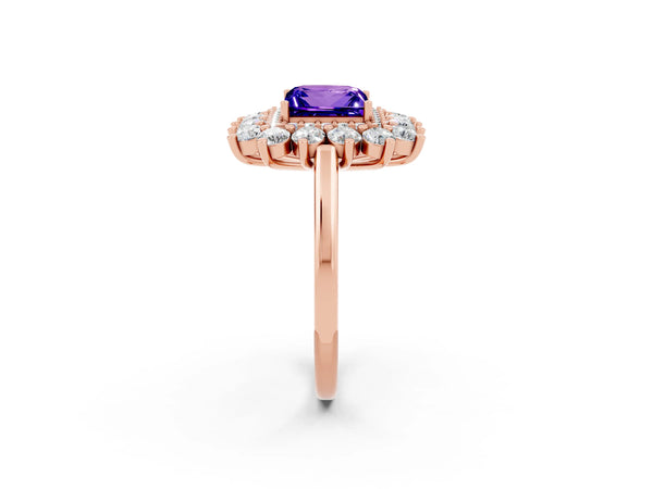 Rose gold Princess Cut Tanzanite Floral Double Halo Engagement Ring with Prong Setting
