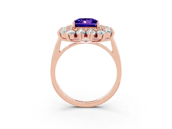 Rose gold Princess Cut Tanzanite Floral Double Halo Engagement Ring with Prong Setting