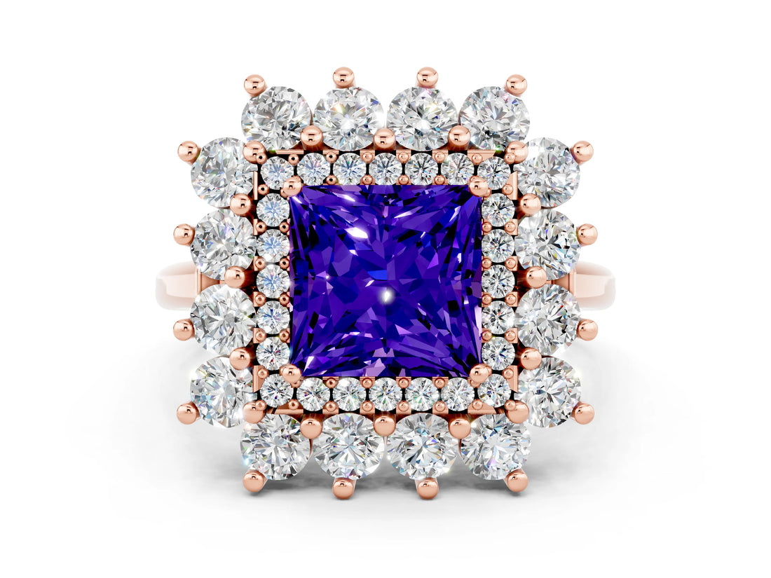 Rose gold Princess Cut Tanzanite Floral Double Halo Engagement Ring with Prong Setting_60