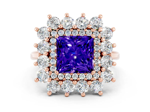 Rose gold Princess Cut Tanzanite Floral Double Halo Engagement Ring with Prong Setting