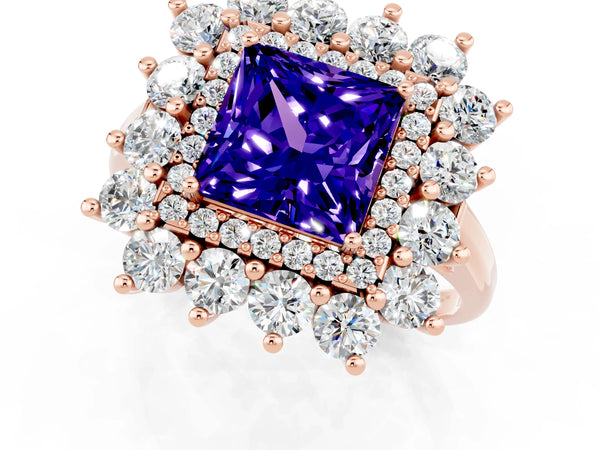 Rose gold Princess Cut Tanzanite Floral Double Halo Engagement Ring with Prong Setting