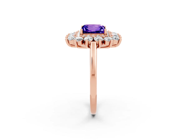 Rose gold Princess Cut Tanzanite Floral Double Halo Engagement Ring with Prong Setting