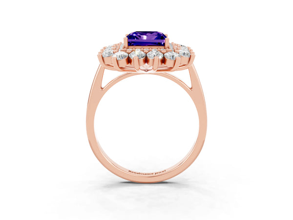 Rose gold Princess Cut Tanzanite Floral Double Halo Engagement Ring with Prong Setting