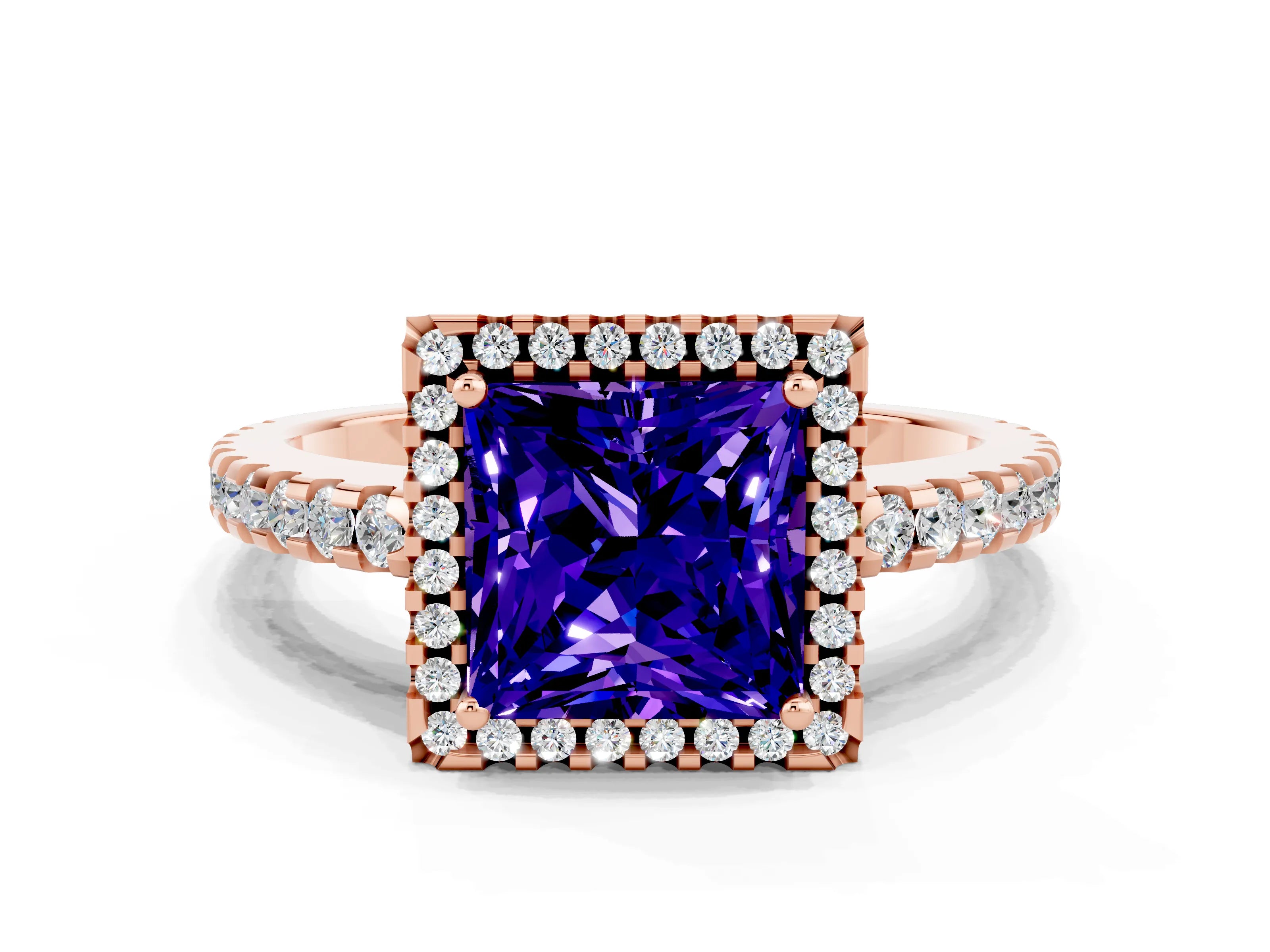 Rose gold Princess Cut Tanzanite Halo Engagement Ring with Pavé Band and Prong Setting_12