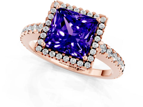 Rose gold Princess Cut Tanzanite Halo Engagement Ring with Pavé Band and Prong Setting_13