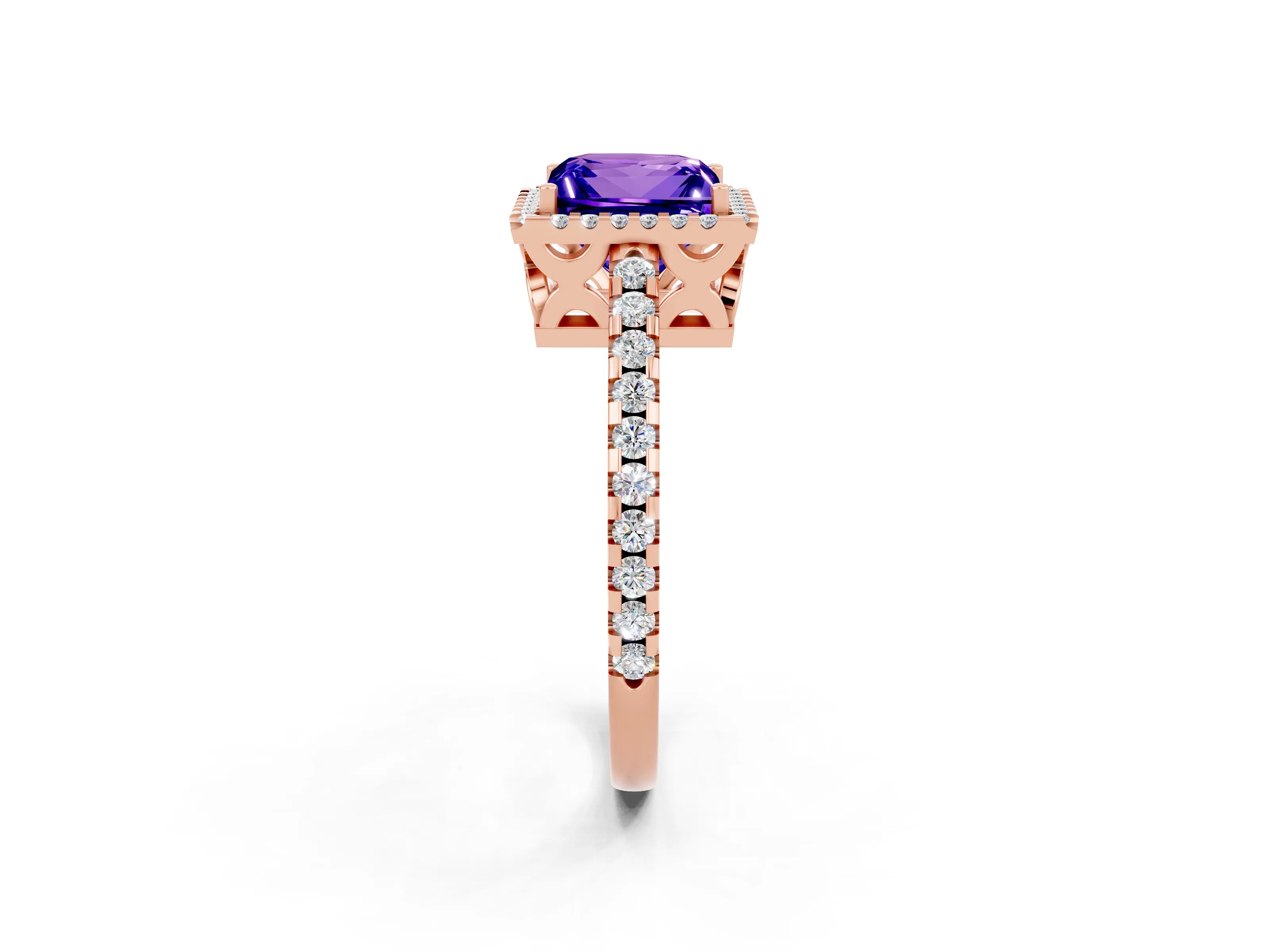 Rose gold Princess Cut Tanzanite Halo Engagement Ring with Pavé Band and Prong Setting_14