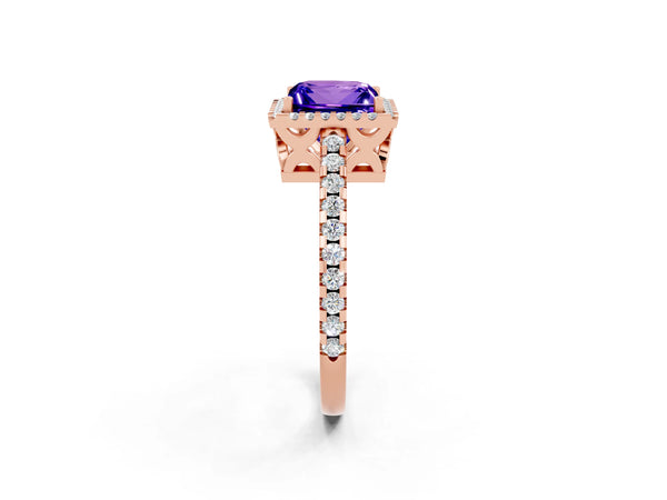 Rose gold Princess Cut Tanzanite Halo Engagement Ring with Pavé Band and Prong Setting