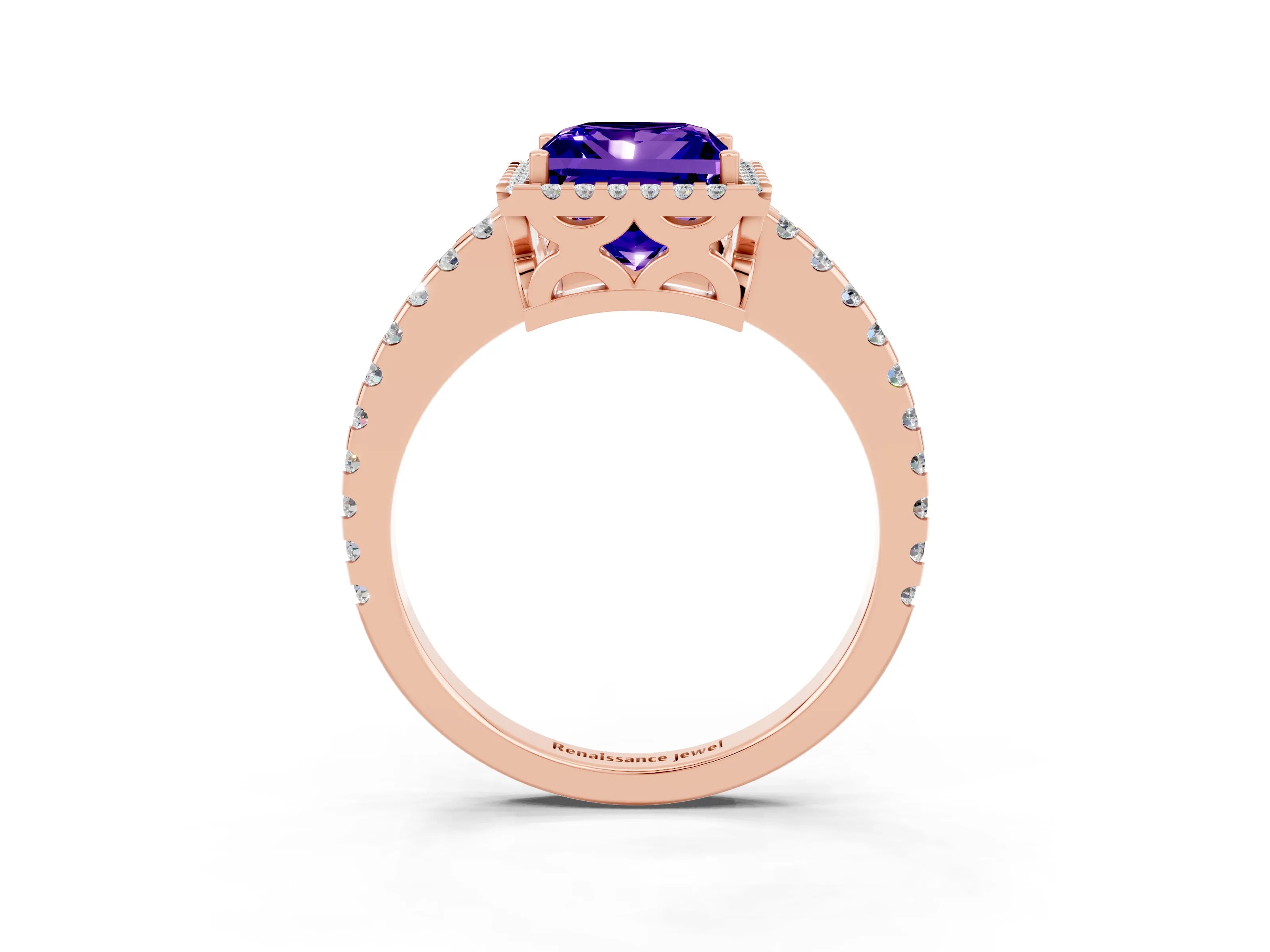 Rose gold Princess Cut Tanzanite Halo Engagement Ring with Pavé Band and Prong Setting_15