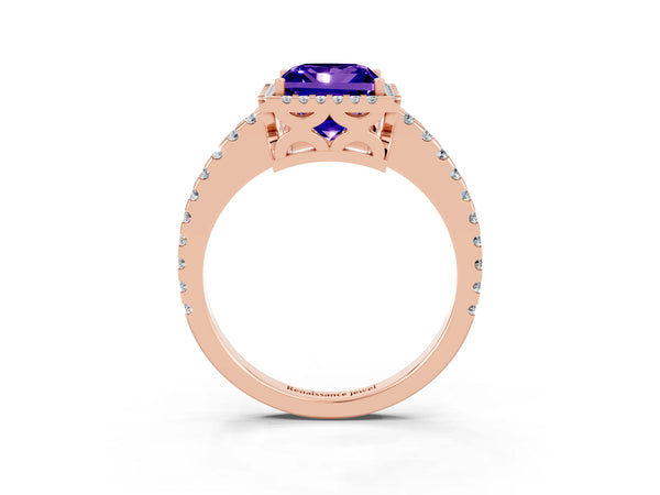Rose gold Princess Cut Tanzanite Halo Engagement Ring with Pavé Band and Prong Setting