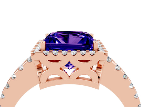 Rose gold Princess Cut Tanzanite Halo Engagement Ring with Pavé Band and Prong Setting_16