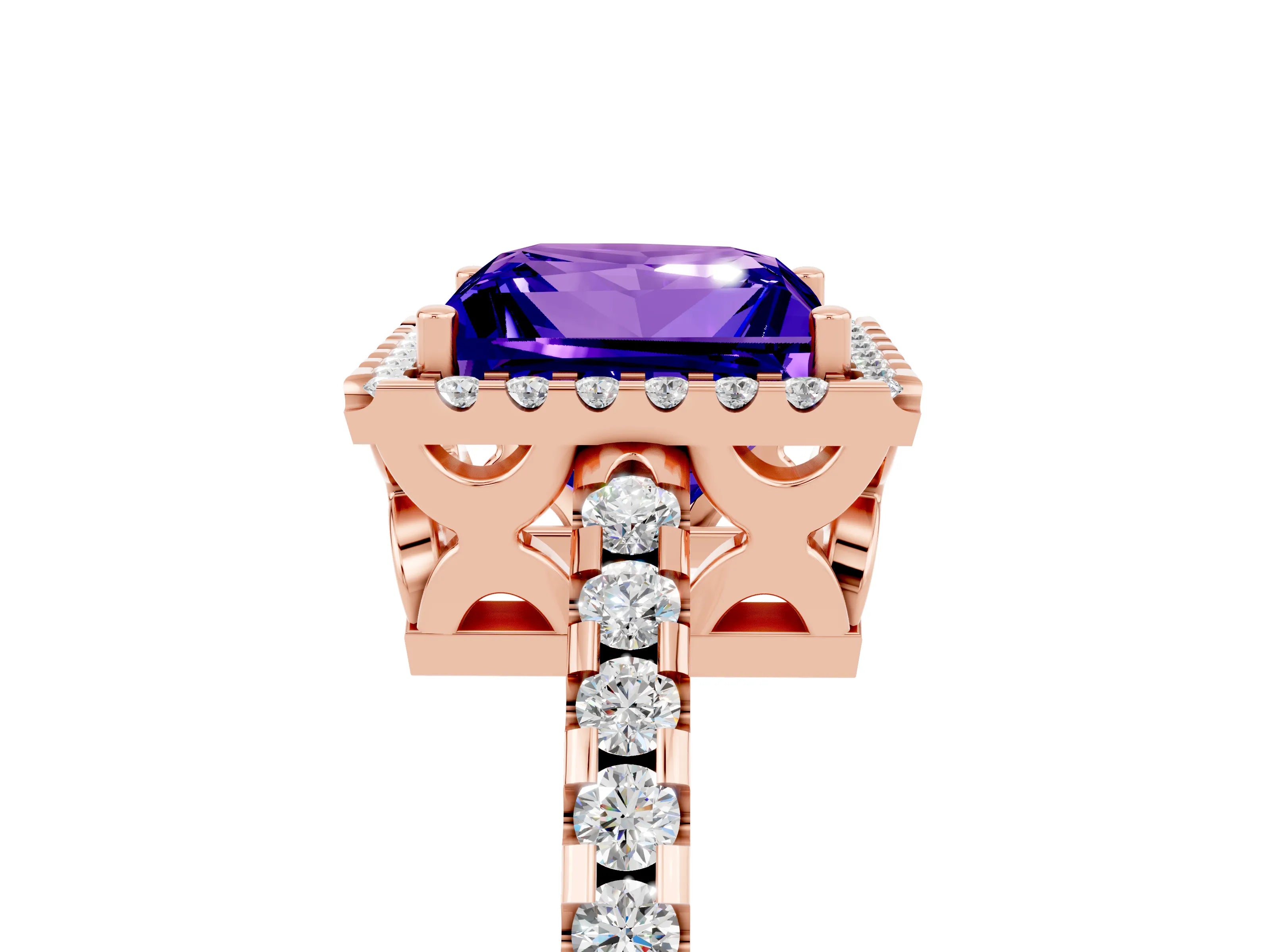 Rose gold Princess Cut Tanzanite Halo Engagement Ring with Pavé Band and Prong Setting_17
